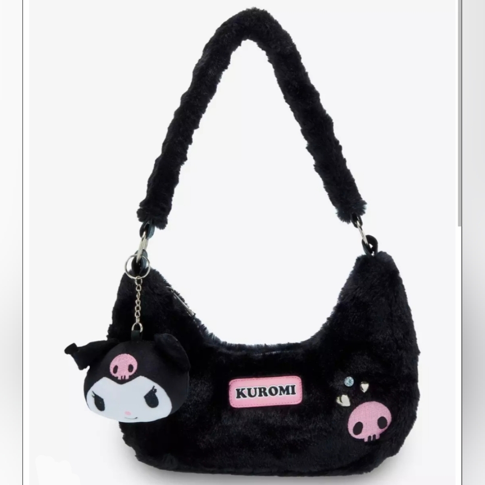Kuromi Fuzzy Black Plush Shoulder Bag Sanrio Hello Kitty Friends New With Tags